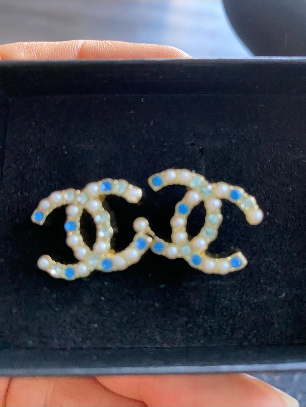 Interlocking Pearl & Blue Crystal Logo-Style Earrings